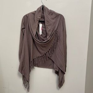 Brown wrap button cardigan NWT fringe bottom